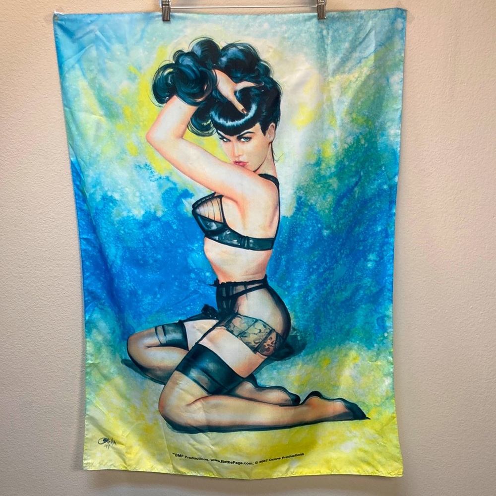 Bettie Page by Olivia Vintage 90s Y2k Cloth Wall Hanging, w: 30.5” X h: 41”